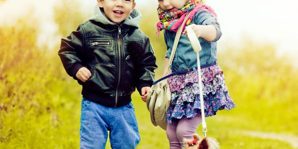Two children walking a small dog on a sunny path.