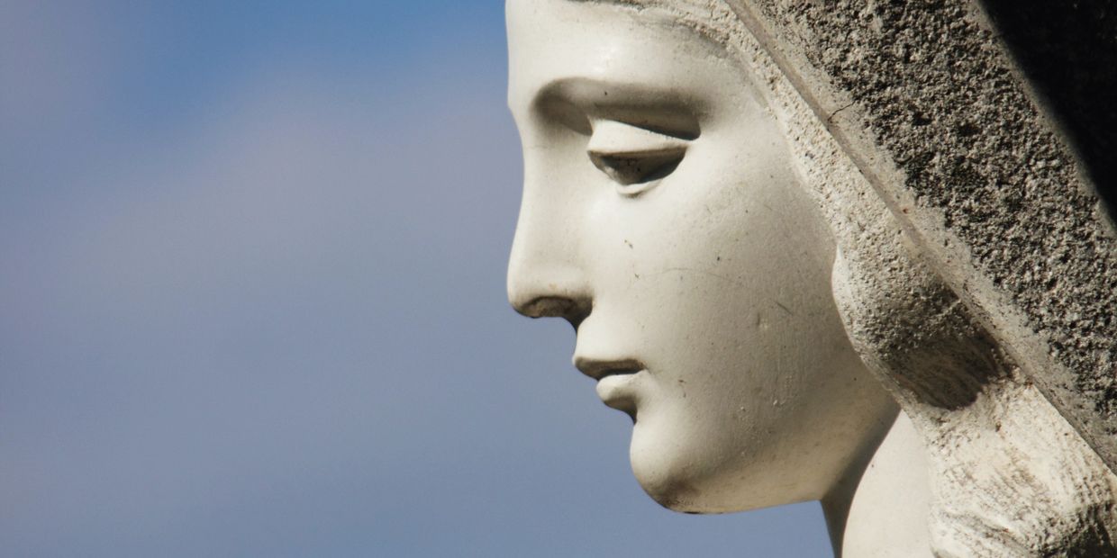 Close-up profile of a serene white statue against a blue sky.