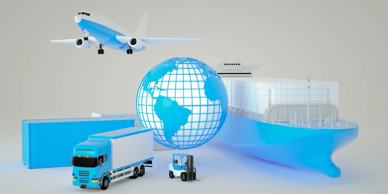 Transportation modes including plane, truck, ship, and globe representing global logistics.