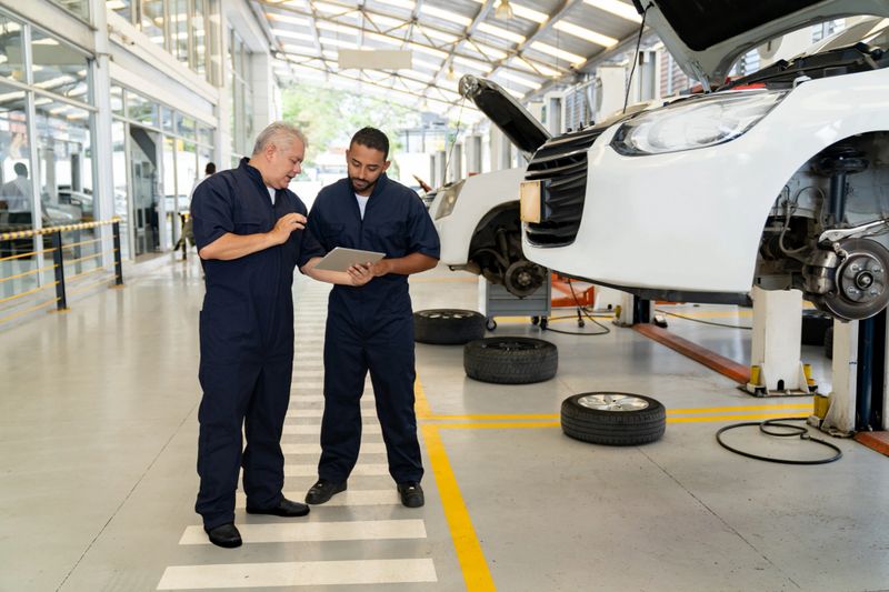 Team of Latin American mechanics fixing a broken car using a scanner at an auto repair shop