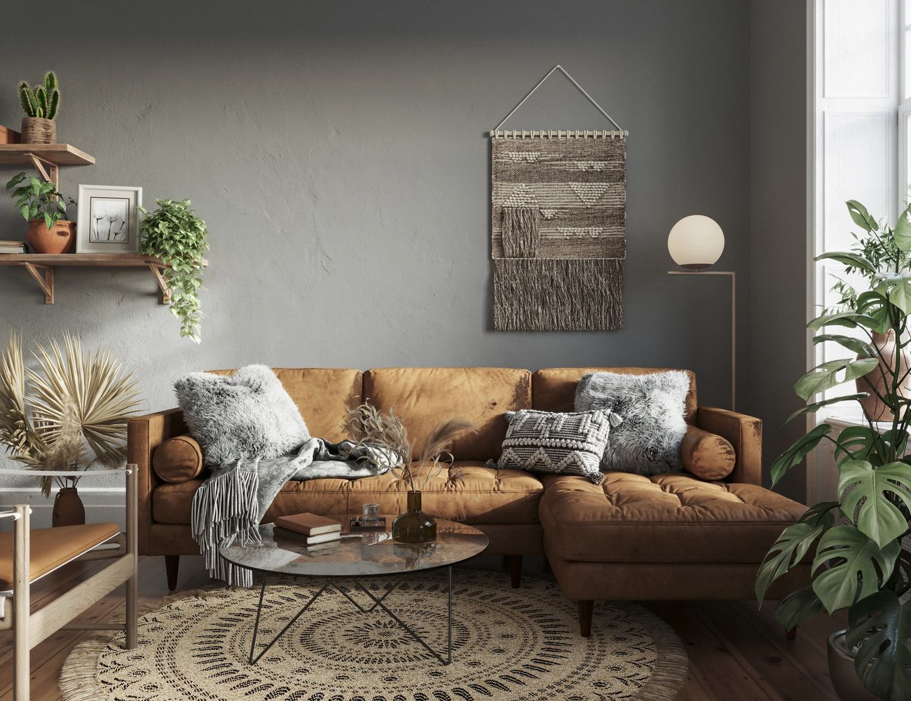 Cozy living room with a brown sectional sofa and textured decor.