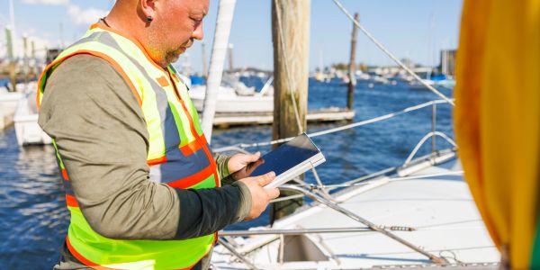 Man in safety vest using tablet near docked boats on a sunny day.