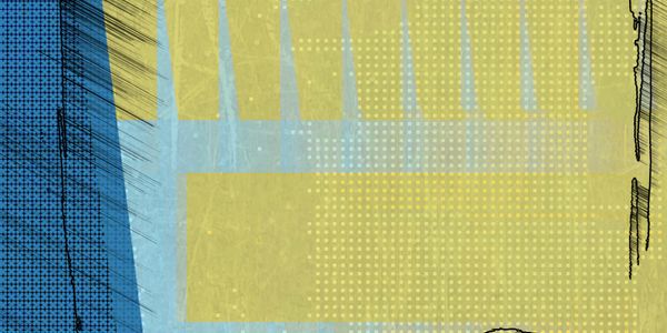Abstract geometric art with blue and yellow blocks and dotted patterns.