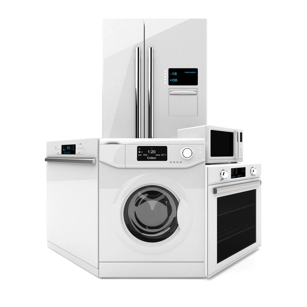 Set of modern white home appliances including refrigerator, washing machine, oven, microwave, and dishwasher.