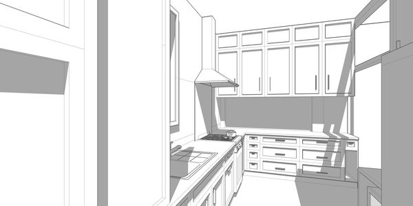 Black and white sketch of a kitchen interior.