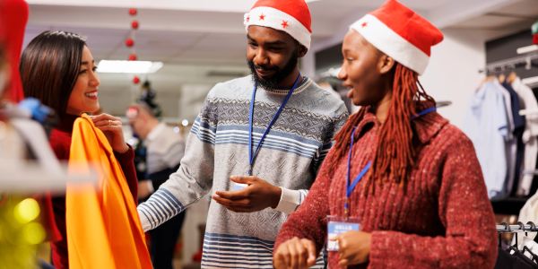 Three people shopping with Santa hats during Christmas.