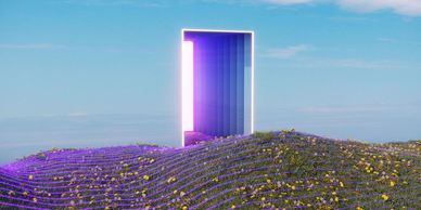 Futuristic glowing doorway in a lavender field.