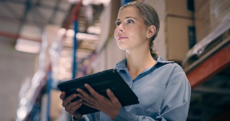 Woman at warehouse, tablet and inspection with inventory management, distribution and logistics. Supplier, product check and digital storage system, supply chain and shipping industry with wholesale