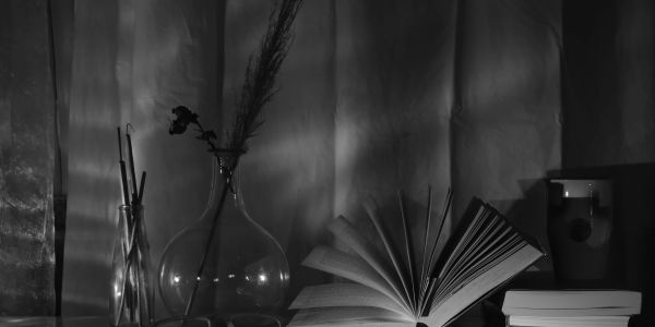 Black and white still life with books, bottles, and dried flowers.