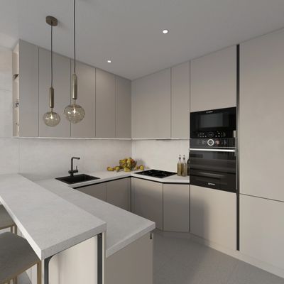 Modern minimalist kitchen with beige cabinets and black appliances.