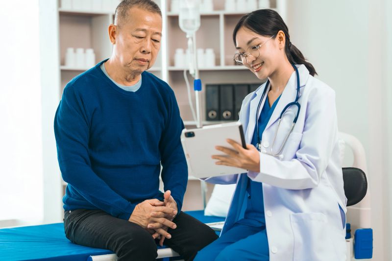 Elderly man engages in thoughtful discussion with compassionate asian people female doctor, addressing health agenda and medical concerns, exemplifying importance of patient-centered care.