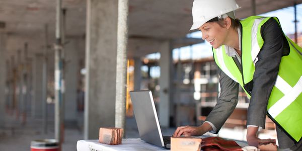 Construction engineer in safety gear working on laptop at site.