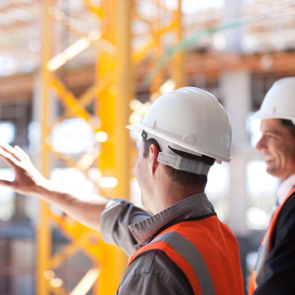 Two construction workers in helmets and safety vests discussing a project at a site.