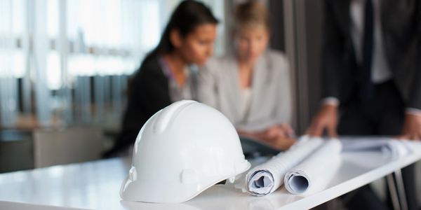 White construction helmet and blueprints on a table with professionals in background.