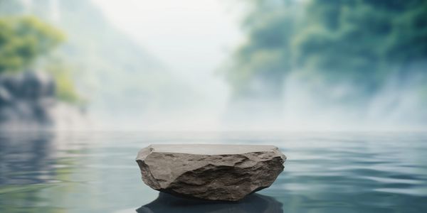 A large rock floating on calm water with a misty forest background.