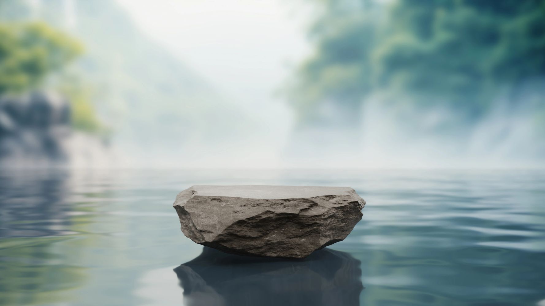 A large rock floating on calm water with a misty, forested background.