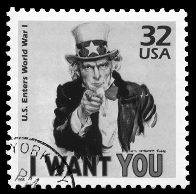 U.S. postage stamp featuring Uncle Sam pointing with the text 'I WANT YOU'.