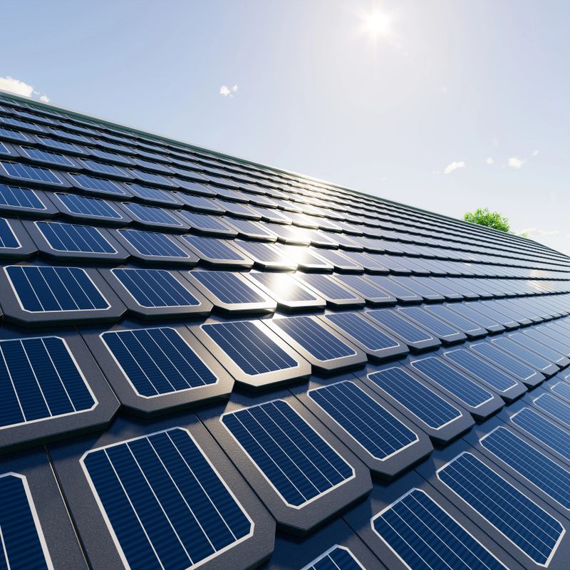 3d rendering of solar or photovoltaic shingles in perspective on roof of home or house building. System technology to generate electrical power or direct current electricity by light or sunlight.