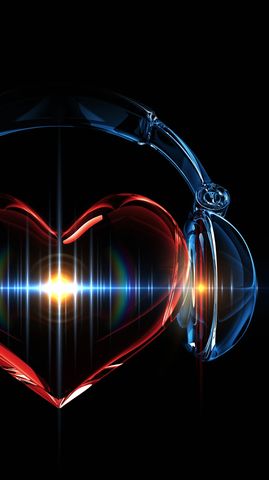 Red heart with sound waves wearing transparent headphones on black background.
