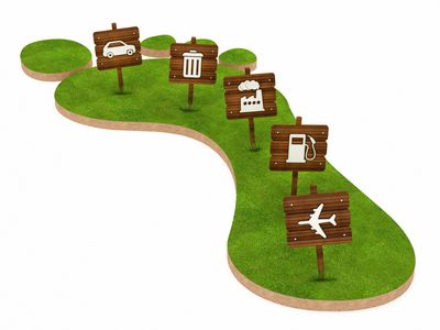 Wooden signs on grassy footprint showing car, trash, factory, fuel, and airplane icons.