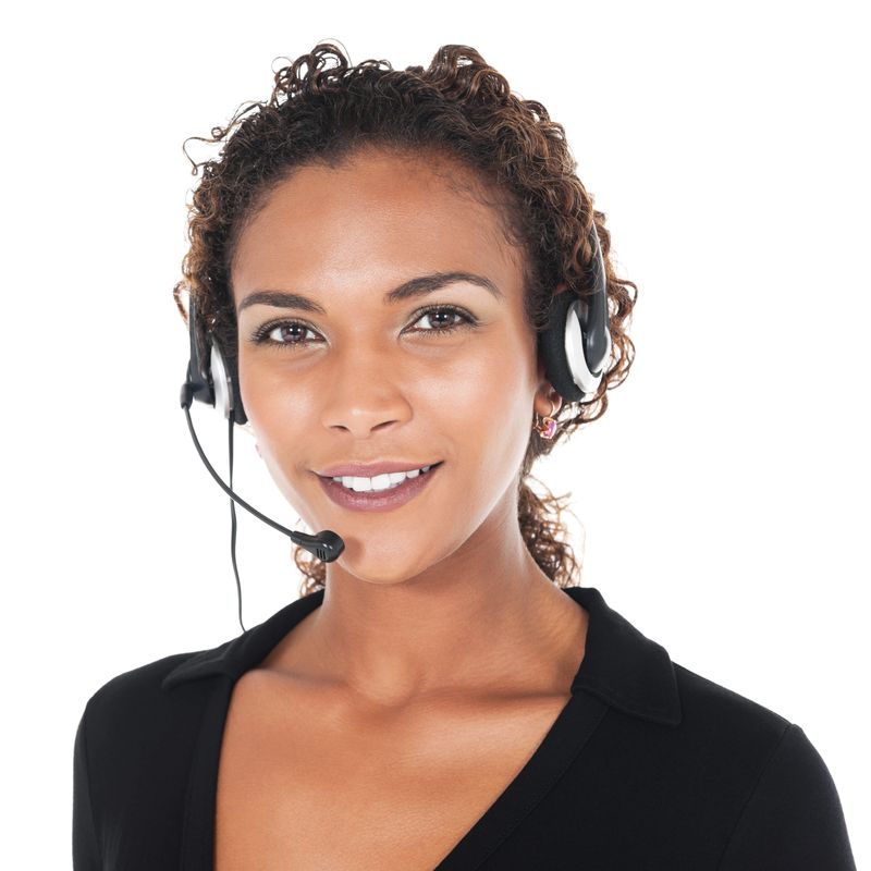 Close-up portrait of mixed race female customer service representative smiling. Square shot. Isolated on white.