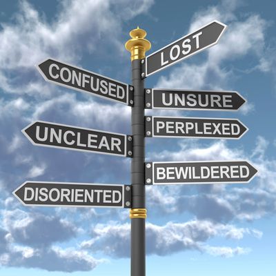 Signpost with directions labeled with words describing confusion and uncertainty.
