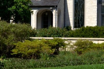 Stone building with arched doorway and large window behind lush greenery.