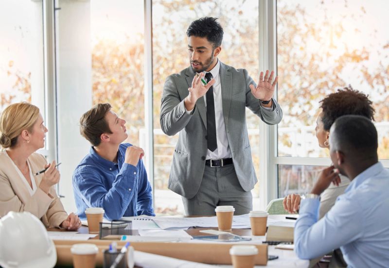 Founder presenting a bold vision to a team of investors.