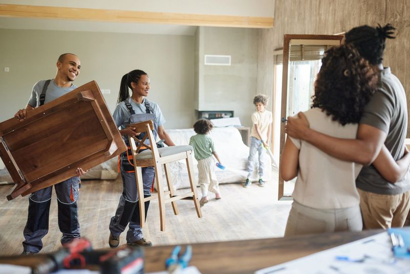 African American female and male movers working with furniture during family's home renovation process.