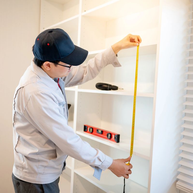 Home renovation or House remodeling concept. Asian male furniture assembler or Interior construction worker man using tape measure installing the new white modern cabinet.