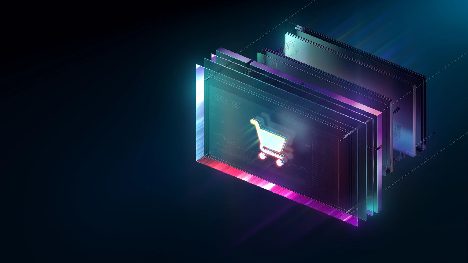 Futuristic digital shopping cart icon with neon glow on layered transparent screens.