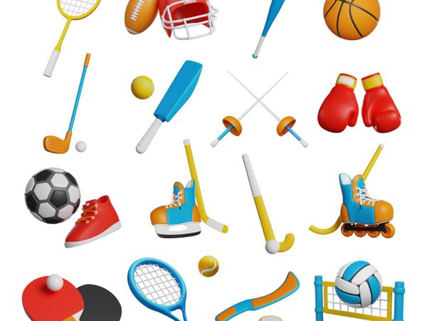 Colorful 3D sports equipment including balls, rackets, skates, and protective gear.