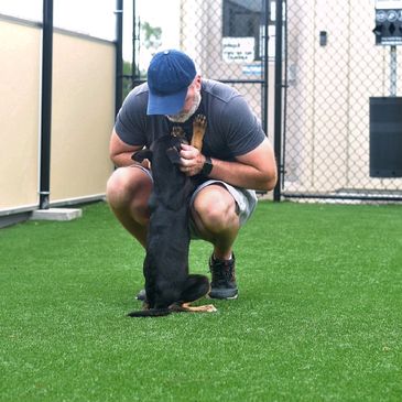 a man enjoying his puppy on their clean turf backyard
