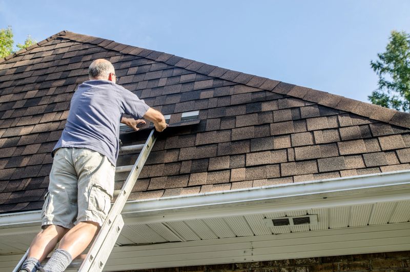 Mature man standing in ladder and repairing asphalt shingle roof during summer day