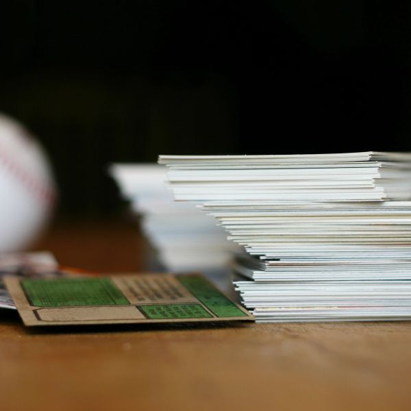 Stack of trading cards on a wooden surface with a baseball in the background.
