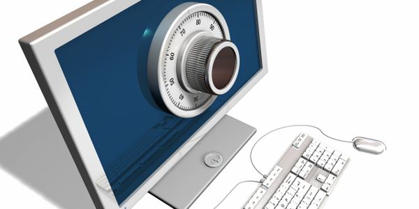 Computer monitor with a combination lock symbolizing cybersecurity.