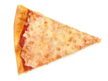 A single slice of cheese pizza with tomato sauce on a white background.