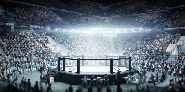 An empty MMA octagon surrounded by a large audience in an arena.