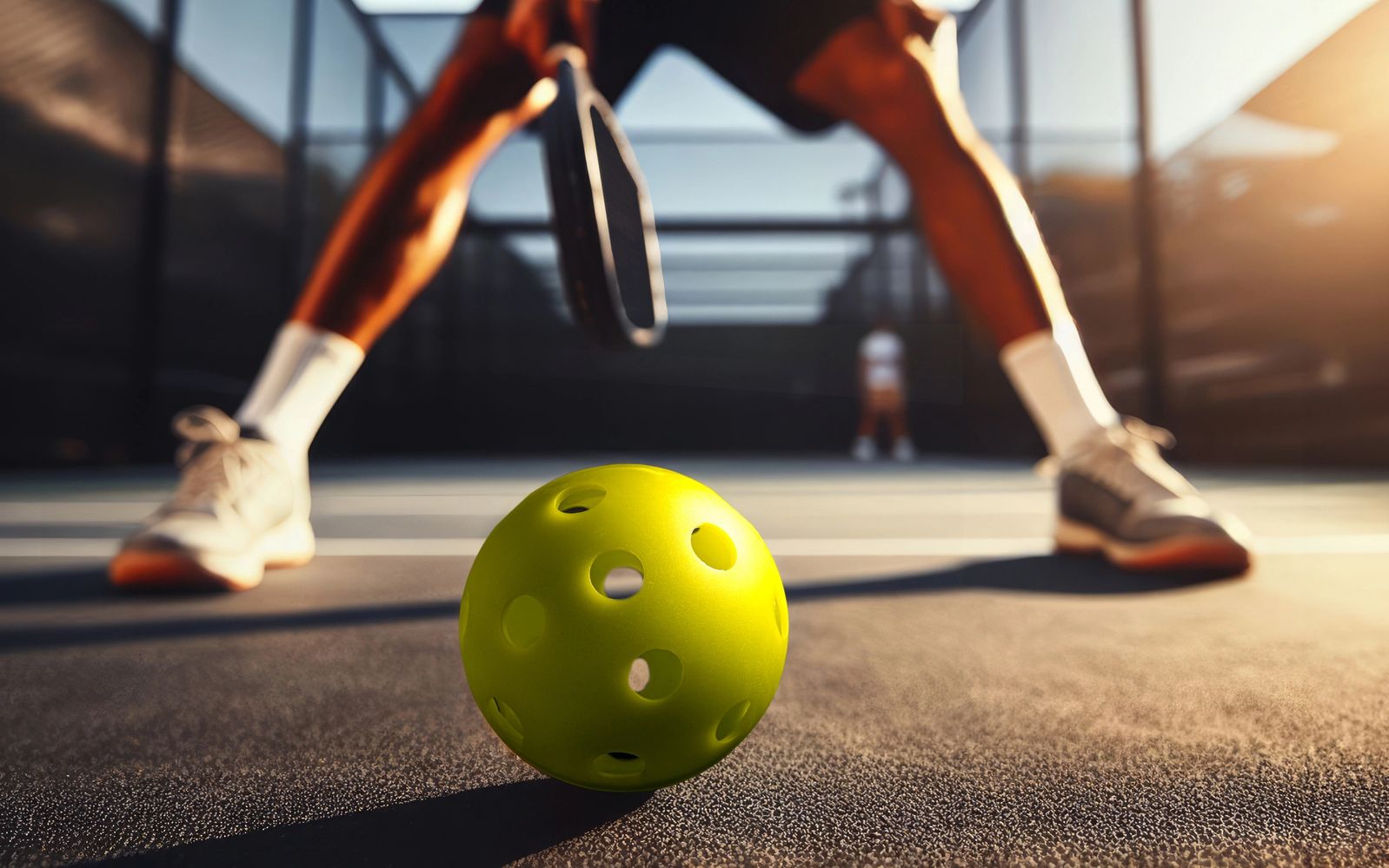 Close-up of a pickleball and player preparing to hit on an outdoor court.