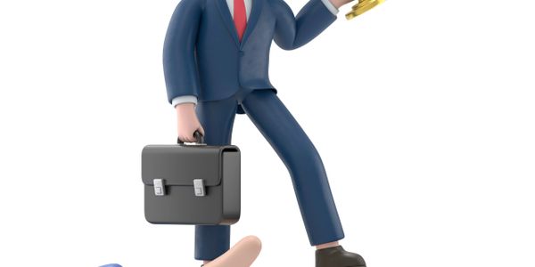 3D businessman stepping on a giant hand holding a trophy.