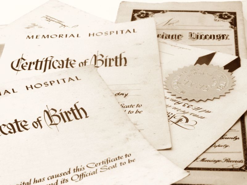 Close-up of a stack of important family papers including birth certificates and marriage license