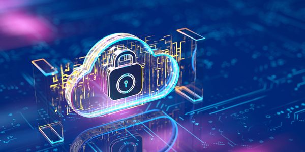 A glowing cloud lock icon representing cloud security on a digital background.