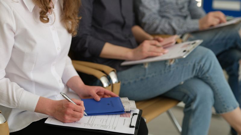 People students fill out application form for US visa. Filling out documents for American visa