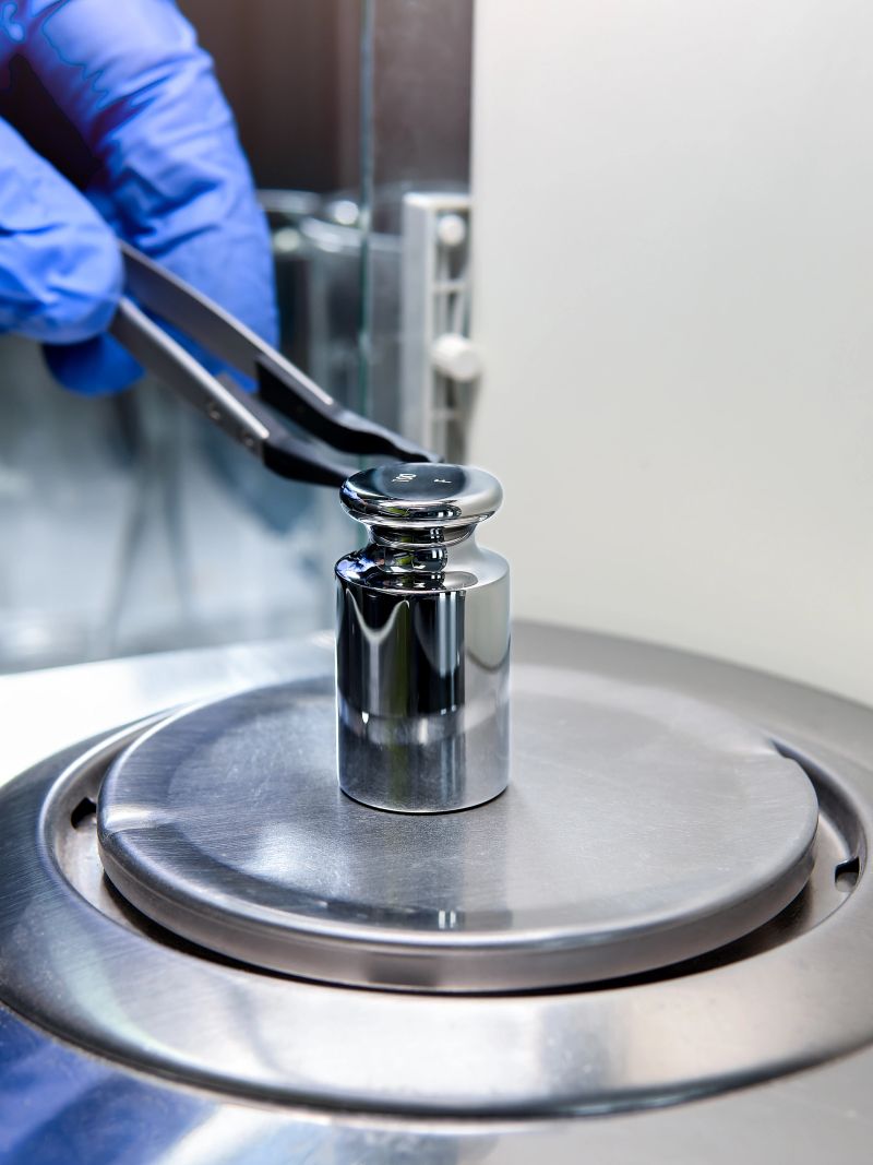 A operator's hand is holding steel calibration weight to place on the analytical balance. Concept of quality control in a laboratory.
