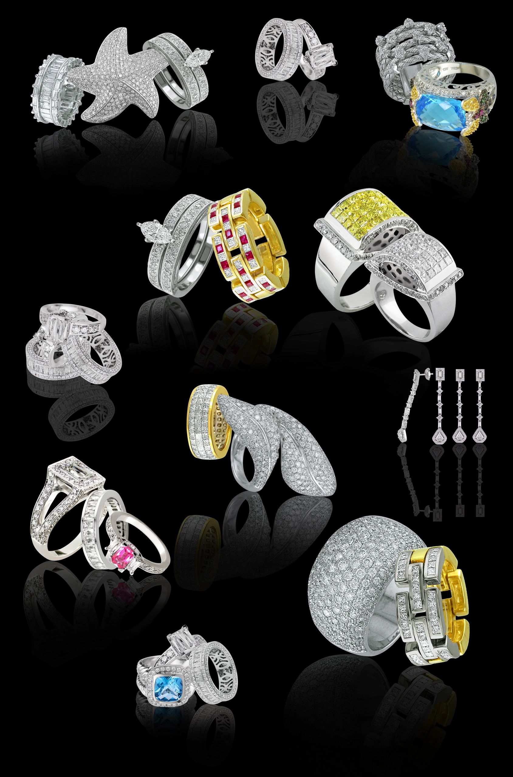 Luxurious diamond and gemstone rings with intricate designs on a black reflective surface.