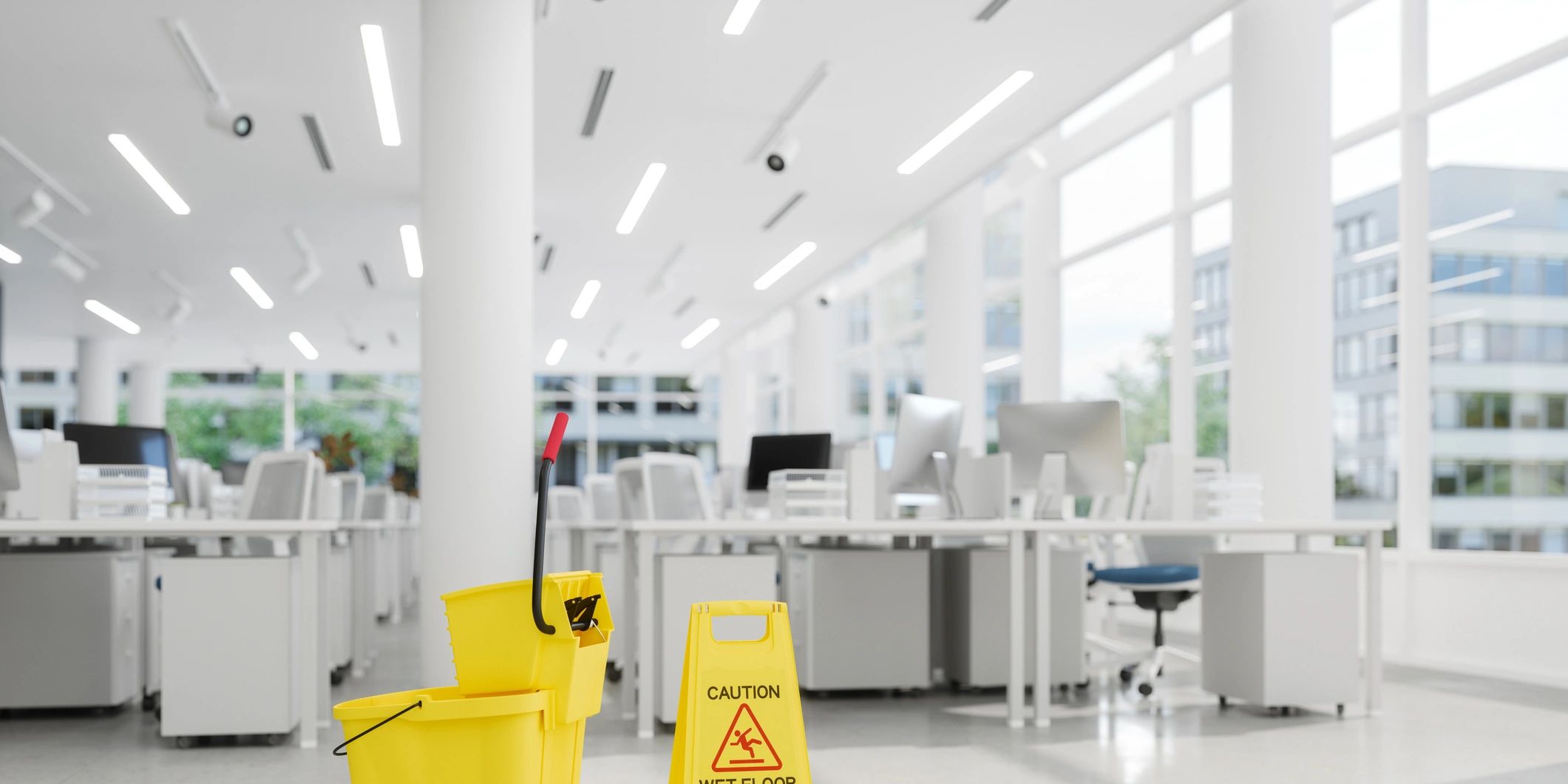 Cleaning supplies in a modern office space.