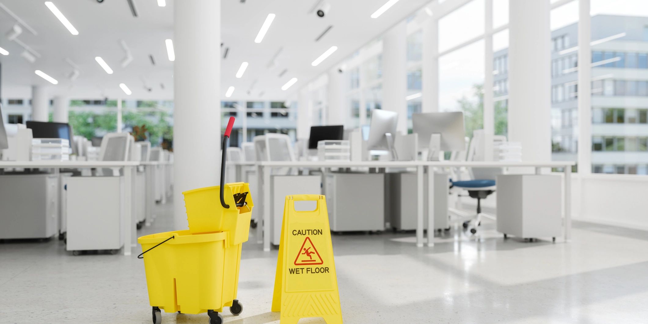 Mop bucket and wet floor sign
