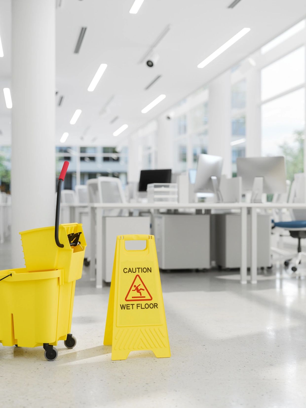 Caution wet floor sign and yellow mop bucket in a modern office.