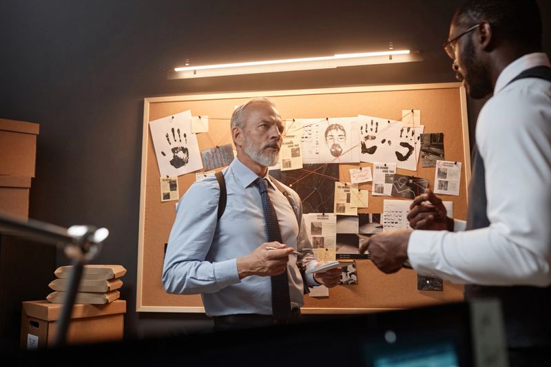 Dramatic waist up portrait of two detectives discussing case by evidence board during investigation