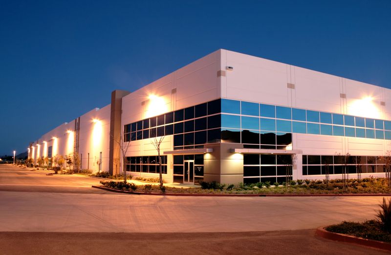 Twilight shot of an industrial--manufacturing office building outside Los Angeles.